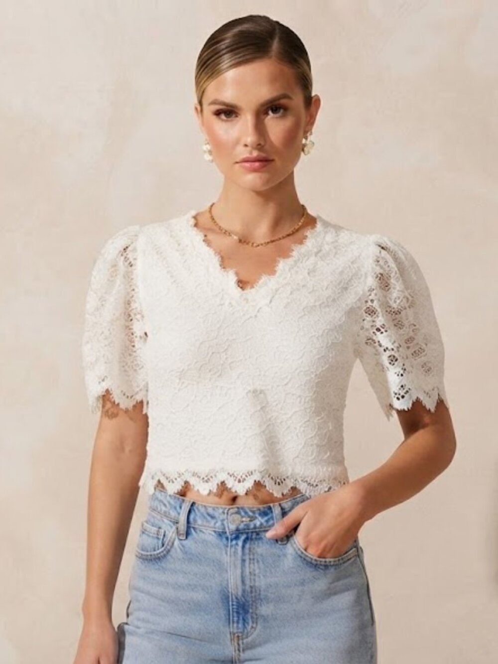 Vintage White Lace Puff-Sleeve Crop Top